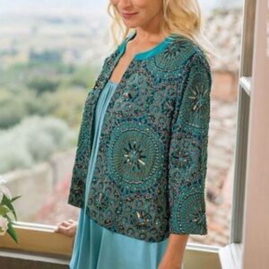 Soft Surroundings Blue Beaded Open Front Jacket